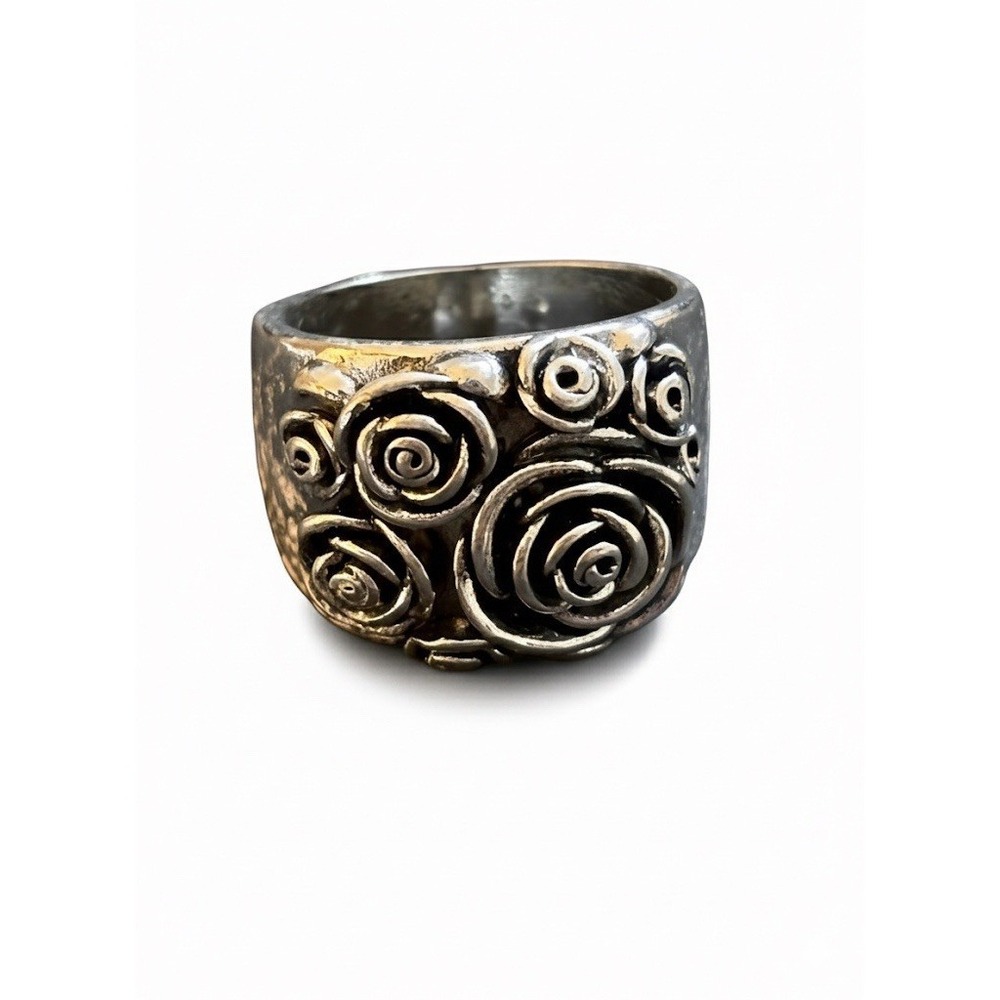 Vtg Rose Floral Silver Toned Ornament Ring Jewelry Sz 9 Oversized‎ Statement